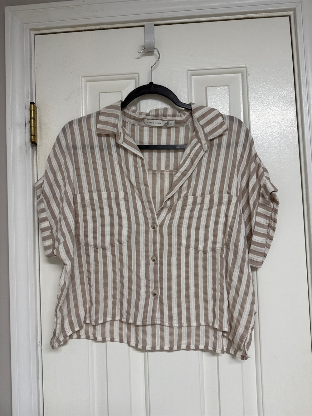 Altar'd State Beige and White Striped Button-Front Shirt